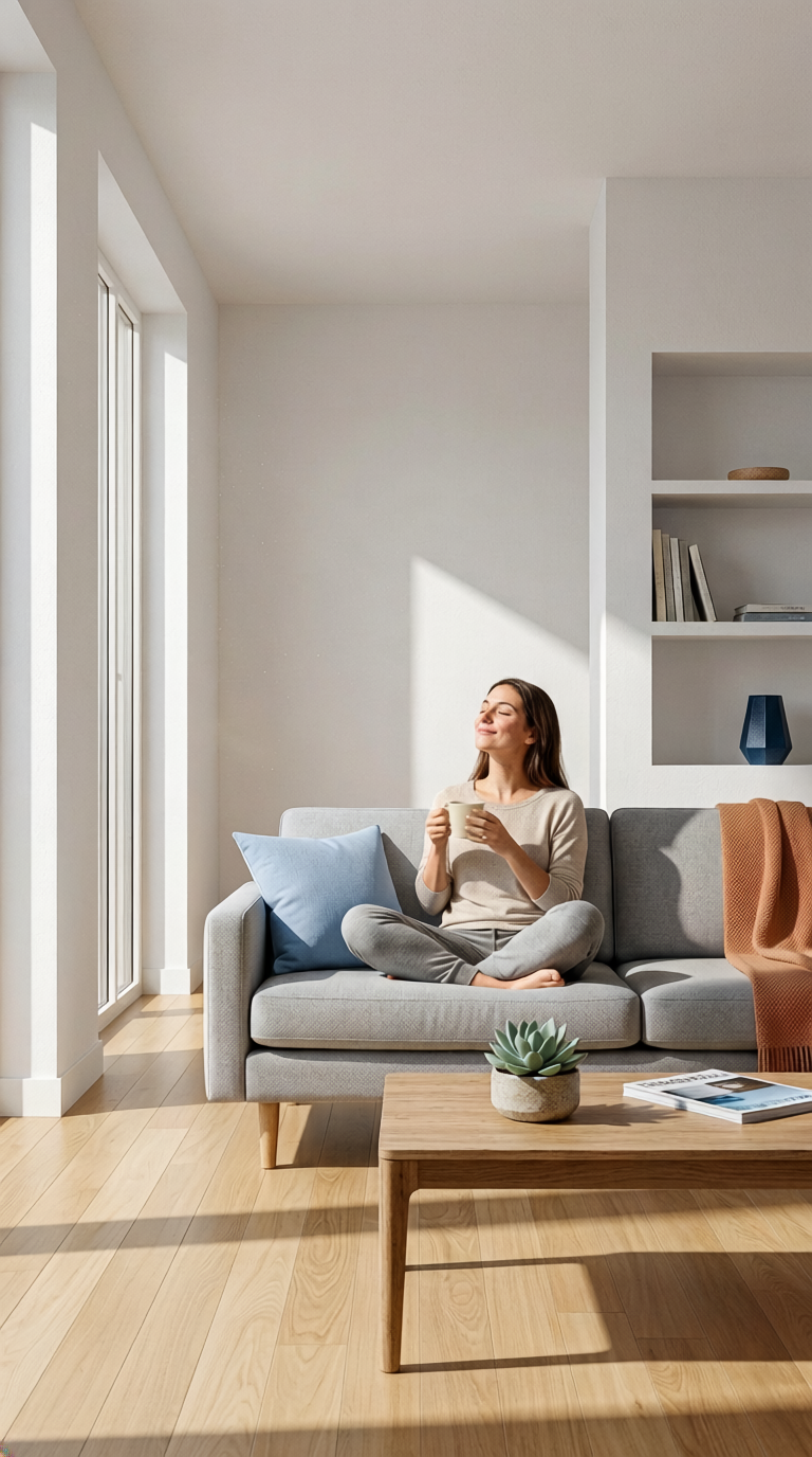 A woman sitting cross-legged on a gray sofa, holding a mug and smiling in a bright, minimalist living room with sunlight coming through large windows.