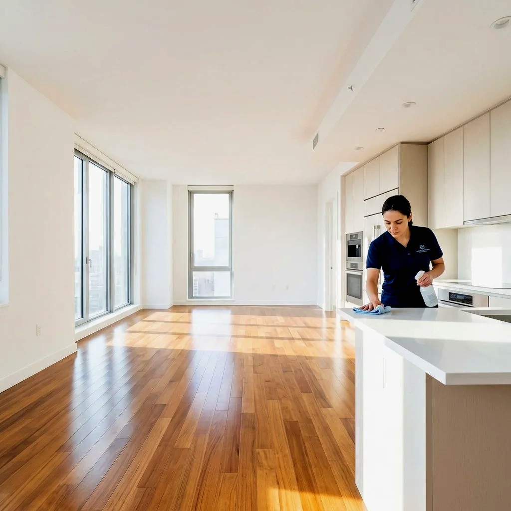 A woman cleaning the kitchen counter in a modern, empty apartment with large windows, white cabinets, and hardwood floors.