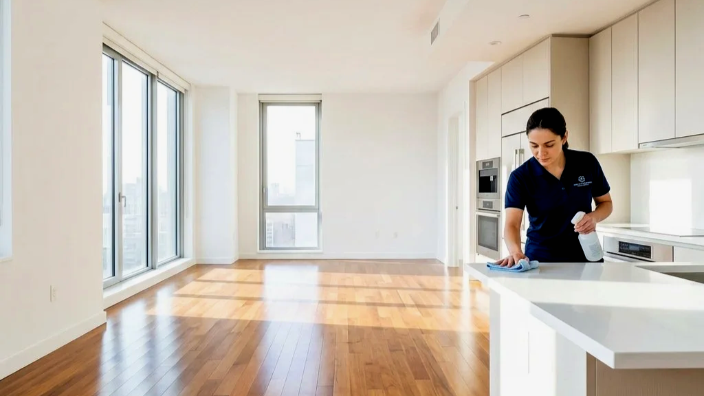 Cleaning woman wiping the kitchen countertop in a bright, modern apartment with hardwood floors and large windows.