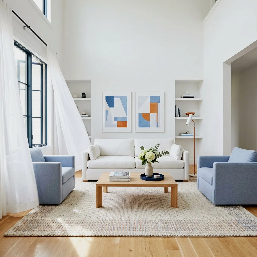 A bright living room with white walls, a white sofa, and two light blue armchairs. There are large windows with white curtains, a wooden coffee table with a vase of flowers, and abstract artwork on the wall. A wicker rug covers the light wood floor, and a tall floor lamp is located behind the right armchair.