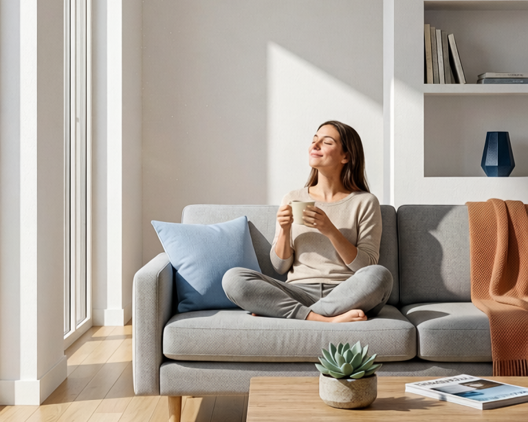 Woman sitting cross-legged on a sofa, enjoying a cup of coffee or tea in a bright living room.