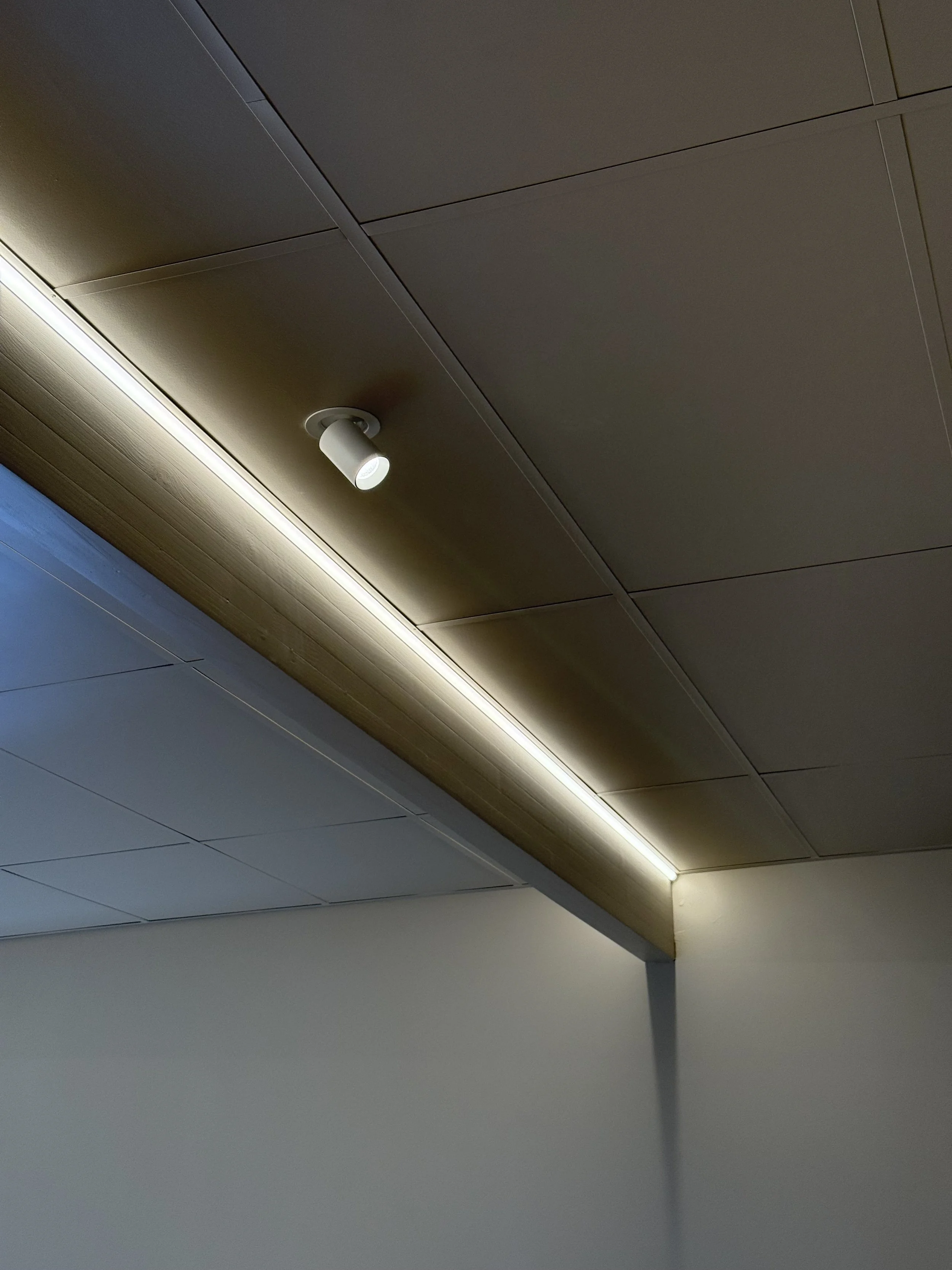 Ceiling with modern LED strip and wooden panels, part of a building interior.