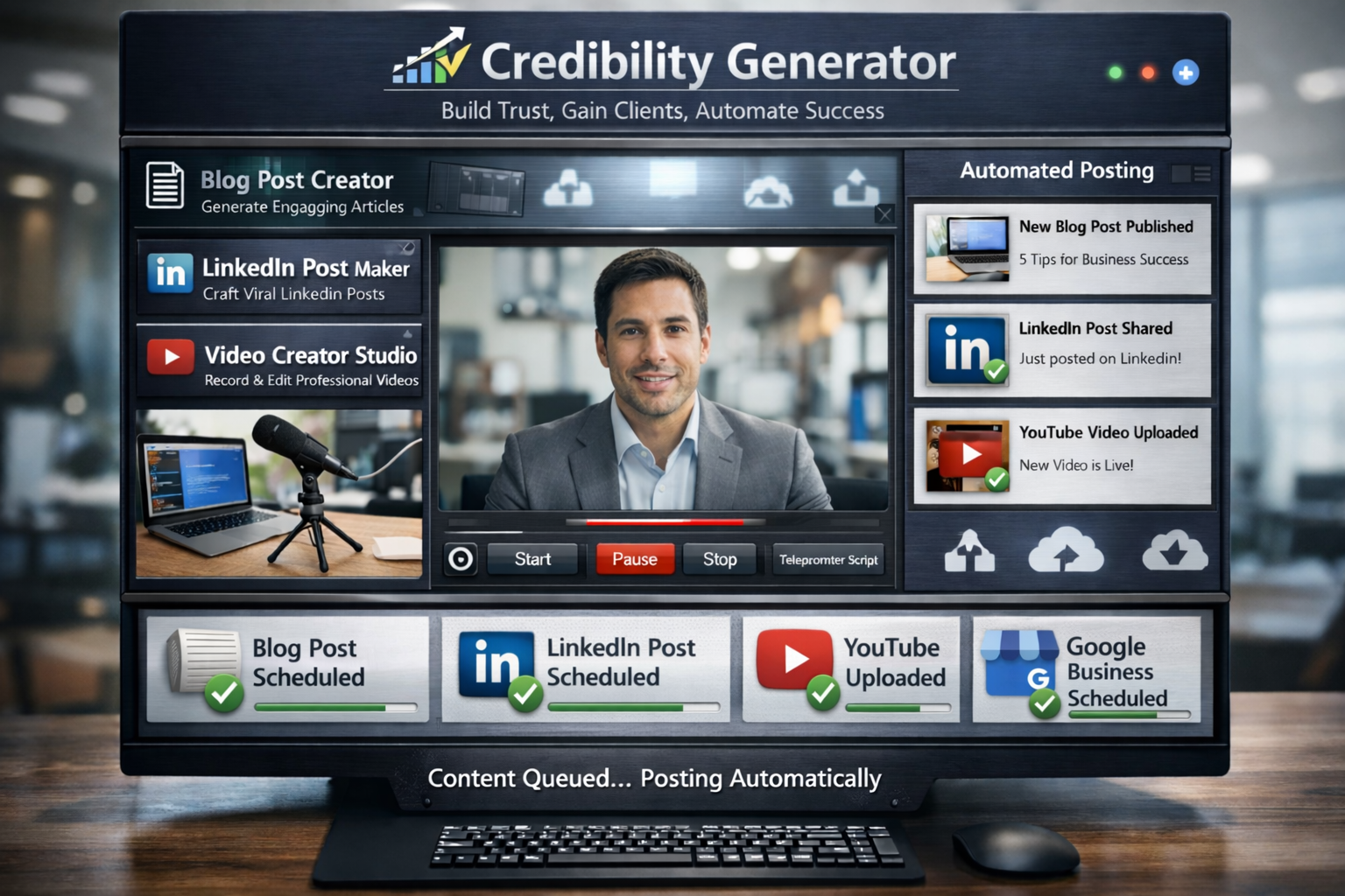 Computer screen showing a credibility automation software interface with video and post scheduling tools, featuring a man in a suit in a video window, and icons indicating scheduled posts on LinkedIn, YouTube, and Google Business.