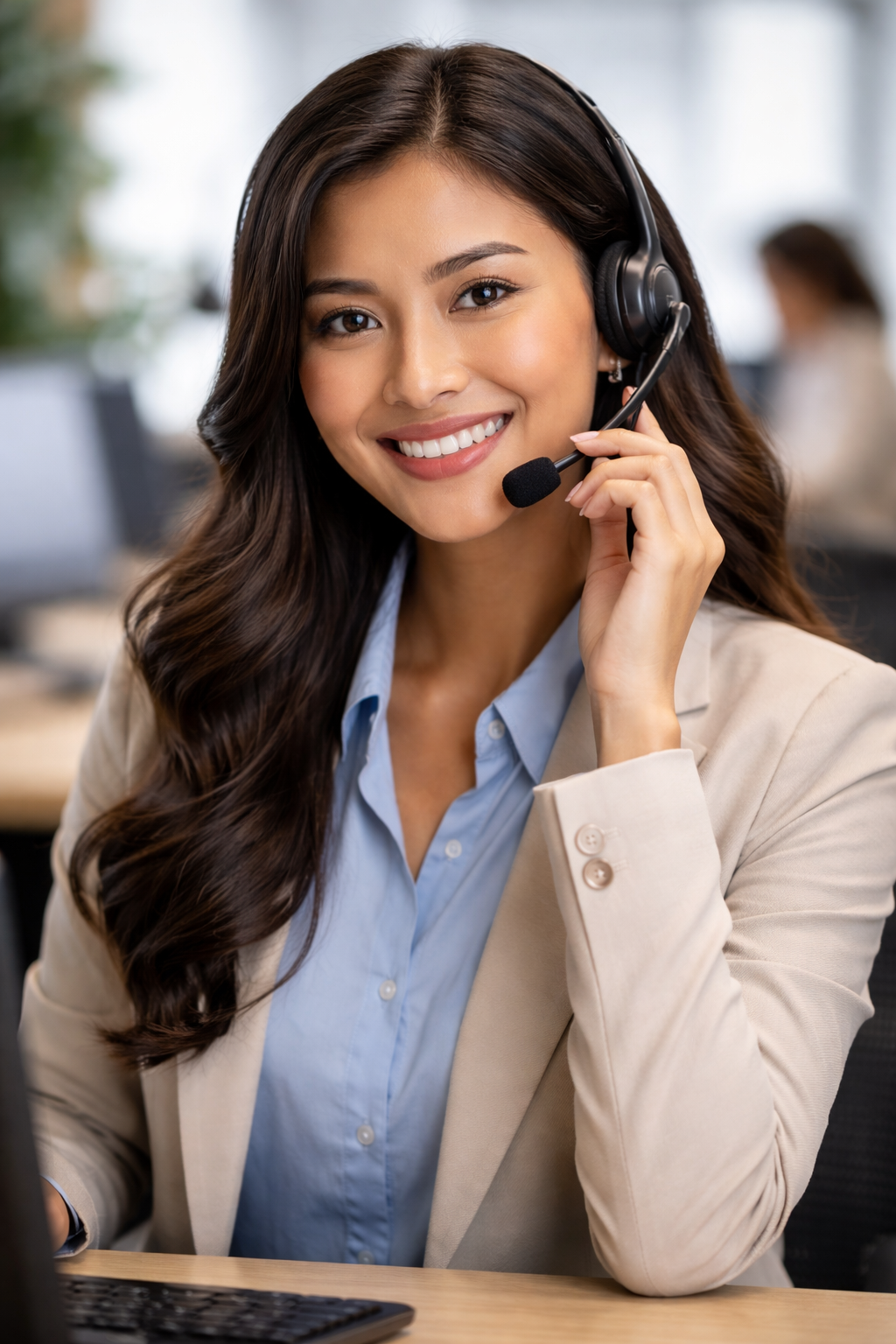 Filipina call center operator wearing a headset and answering a phone call at her workstation, shown in a vertical, professional office setting.