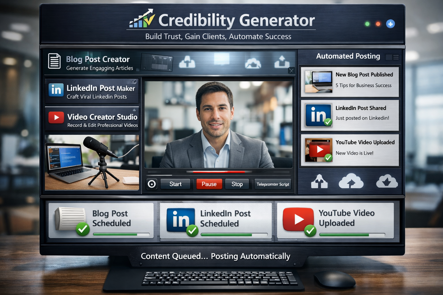 Screenshot of a social media automation dashboard called Credibility Generator with options for creating blog posts, LinkedIn posts, and videos, showing a man on a webcam and various scheduled and posted content updates.