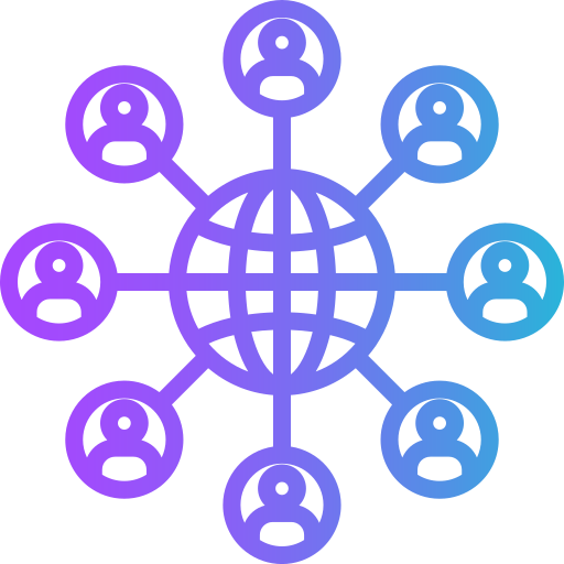 Abstract digital network illustration with interconnected circular nodes and lines in shades of purple and blue.