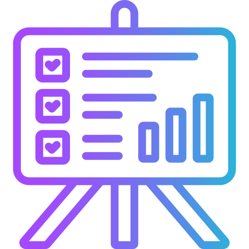 A neon gradient illustration of a presentation board with checklists and bar graphs.