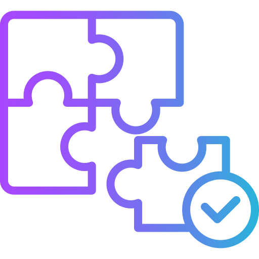 Outline of four interconnected puzzle pieces with a checkmark inside a circle.