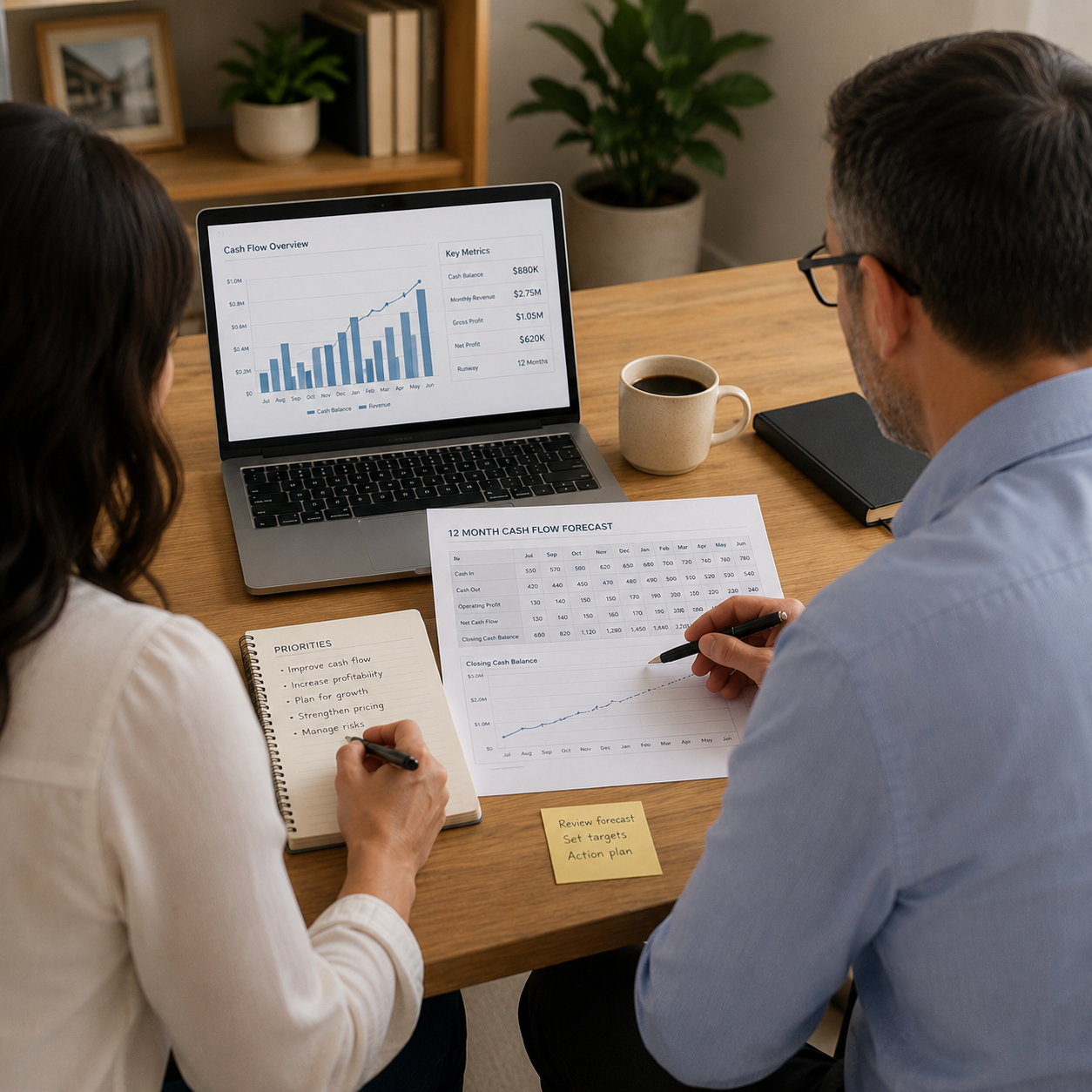 Two people at a wooden table reviewing financial data on a laptop and printed sheets, with a notebook, coffee, and sticky note on the table.