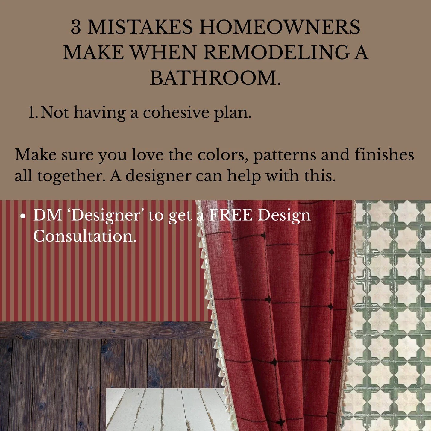 3 mistakes homeowners make when remodeling a bathroom. 1. Not having a cohesive plan. 
-Make sure you love the colors, patterns and finishes all together. A designer can help with this. 2. Not planning ahead. 
-Think about what currently works and wh
