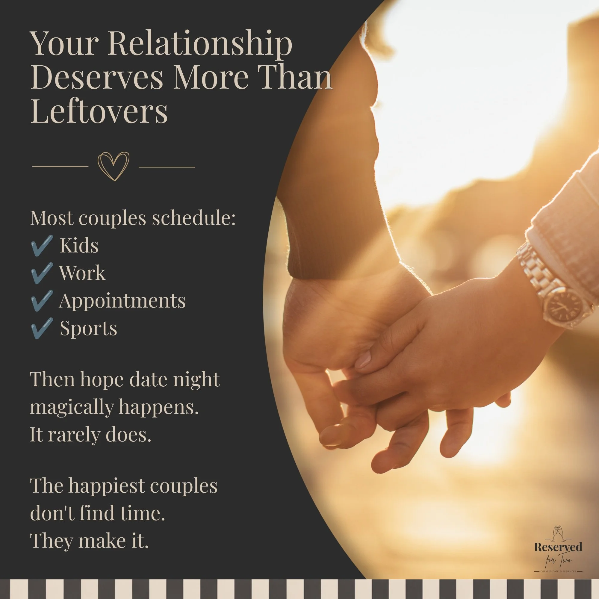 Your Relationship Deserves More Than Leftovers Most couples schedule:
✔ Kids
✔ Work
✔ Appointments
✔ Sports Then hope date night magically happens. It rarely does. The happiest couples don't find time. They make it. Want help with creating a date-nig