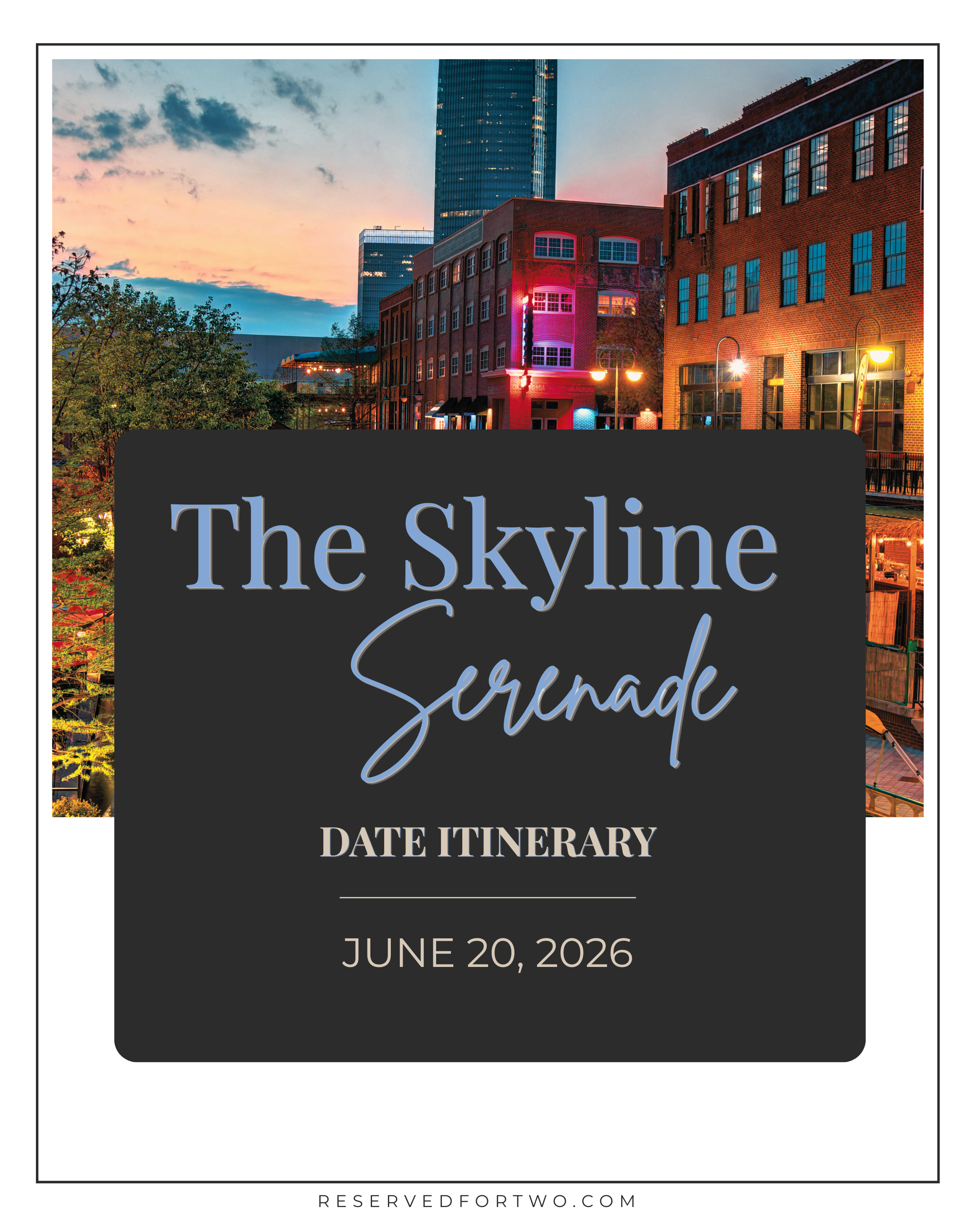 Cover page of a skyline tour date itinerary with city buildings, evening sky, and city lights, indicating a scheduled date. reservedfortwo.com
