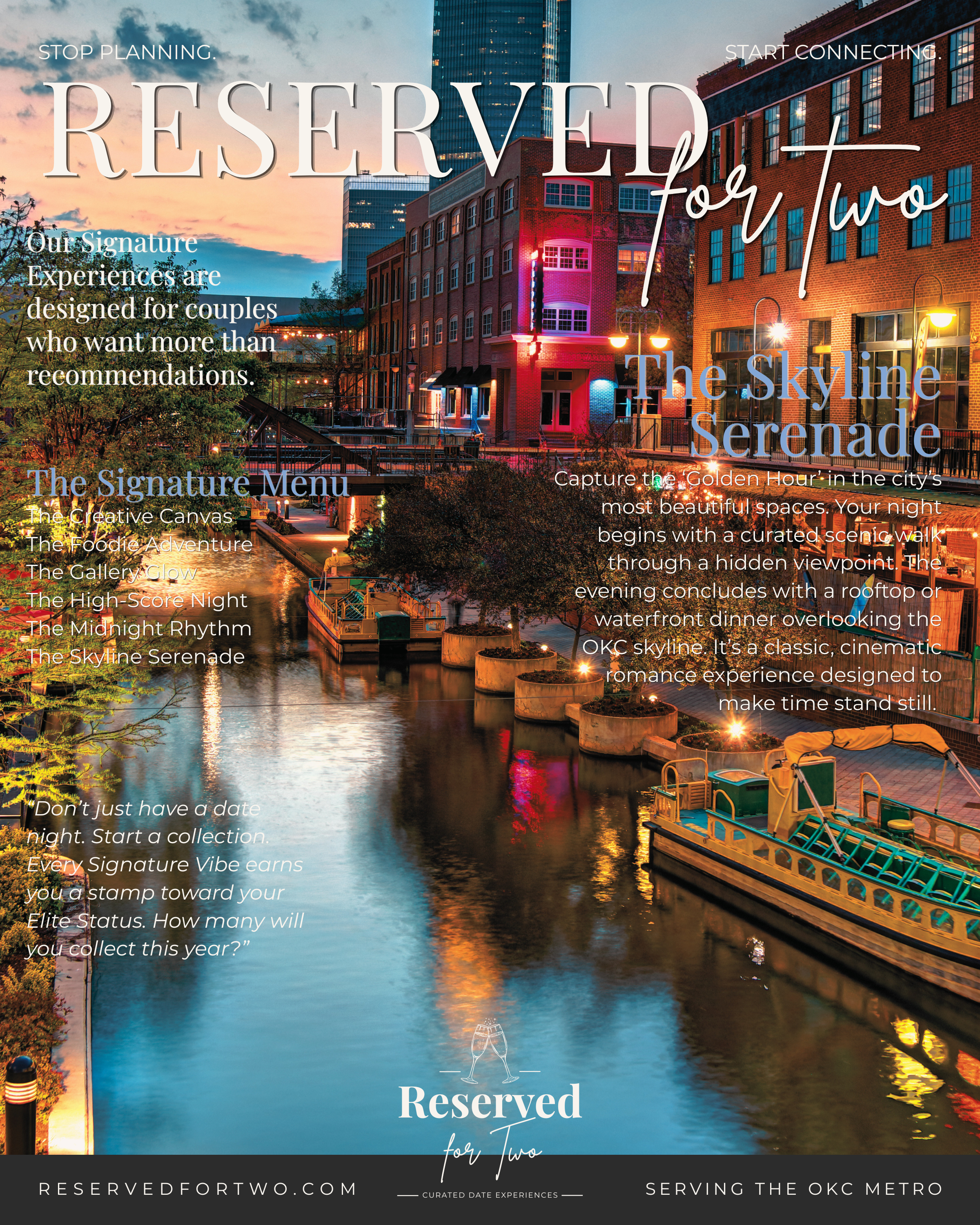 city canal with anchored boats, brick buildings with illuminated windows, and colorful lights reflecting on the water.  promotes reservedfortwo.com  experiences for couples in the Oklahoma City metro date night, date ideas, reserved for two