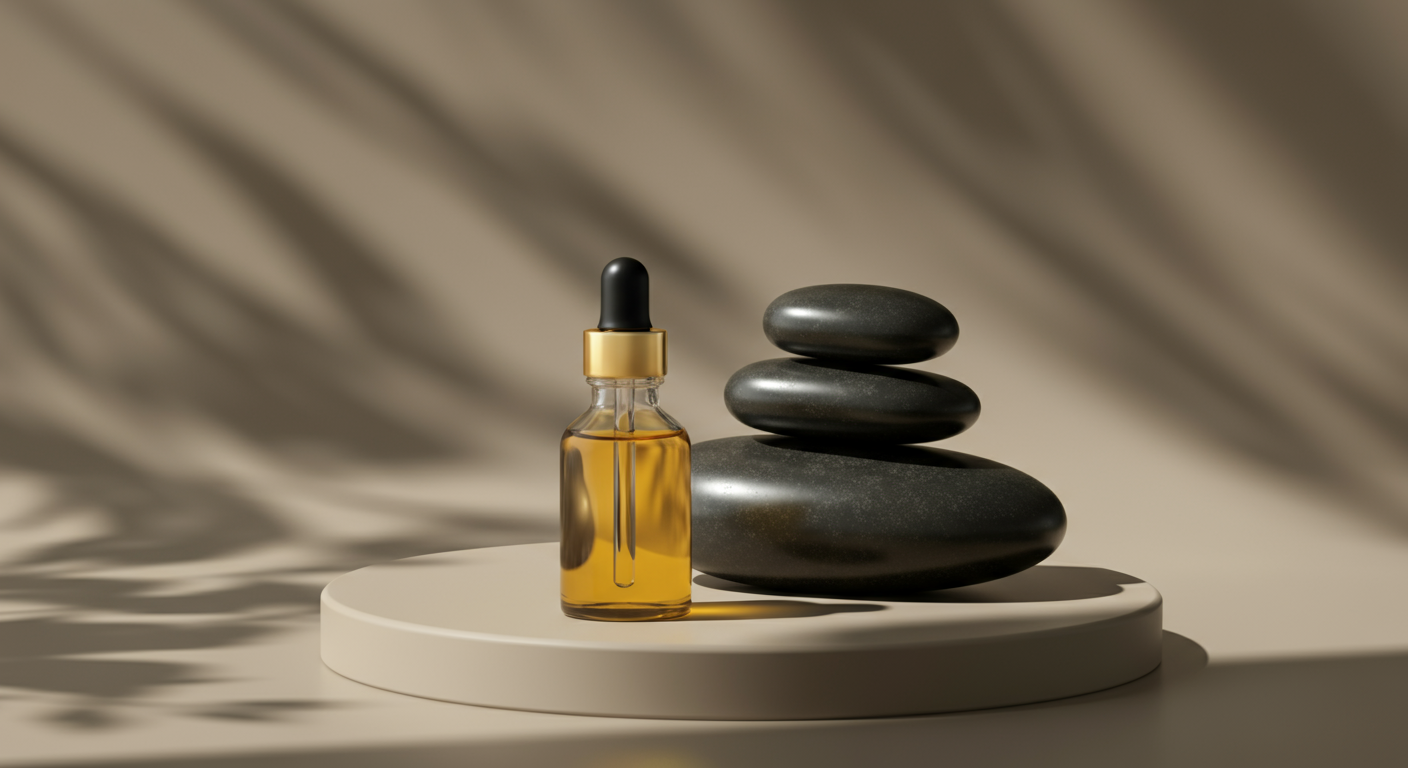 A small glass bottle with a black and gold dropper cap containing a golden liquid, placed on a white circular platform, with three stacked black stones beside it, shadows cast by a nearby plant, in a minimalist setting.