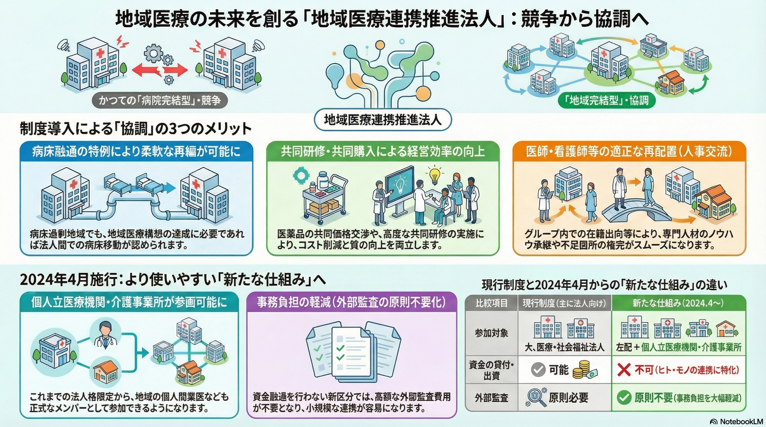 地域医療連携推進法に関する説明資料で、医療機関や医師・看護師の適正な配置や共同研修の重要性について説明している。