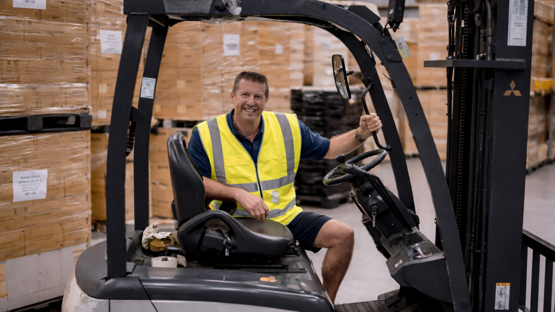 Malcove nz staff on a forklift inside a warehouse with pallets of boxed goods stacked behind him for retail support and 3PL