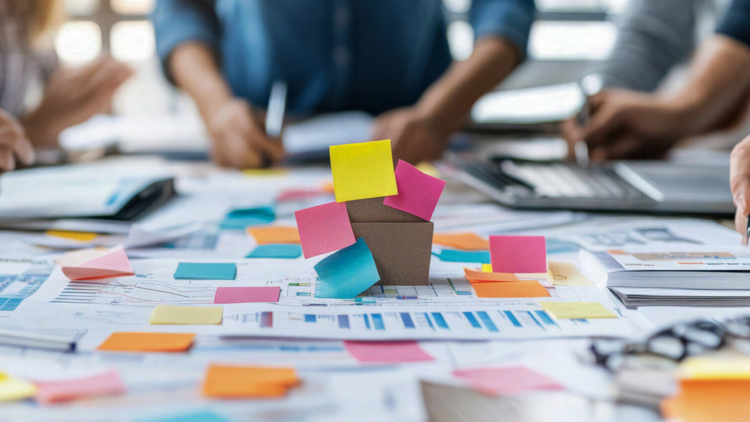 A cluttered conference table with scattered papers, colorful sticky notes, and a small model of a house or building surrounded by people discussing and taking notes in a business meeting.