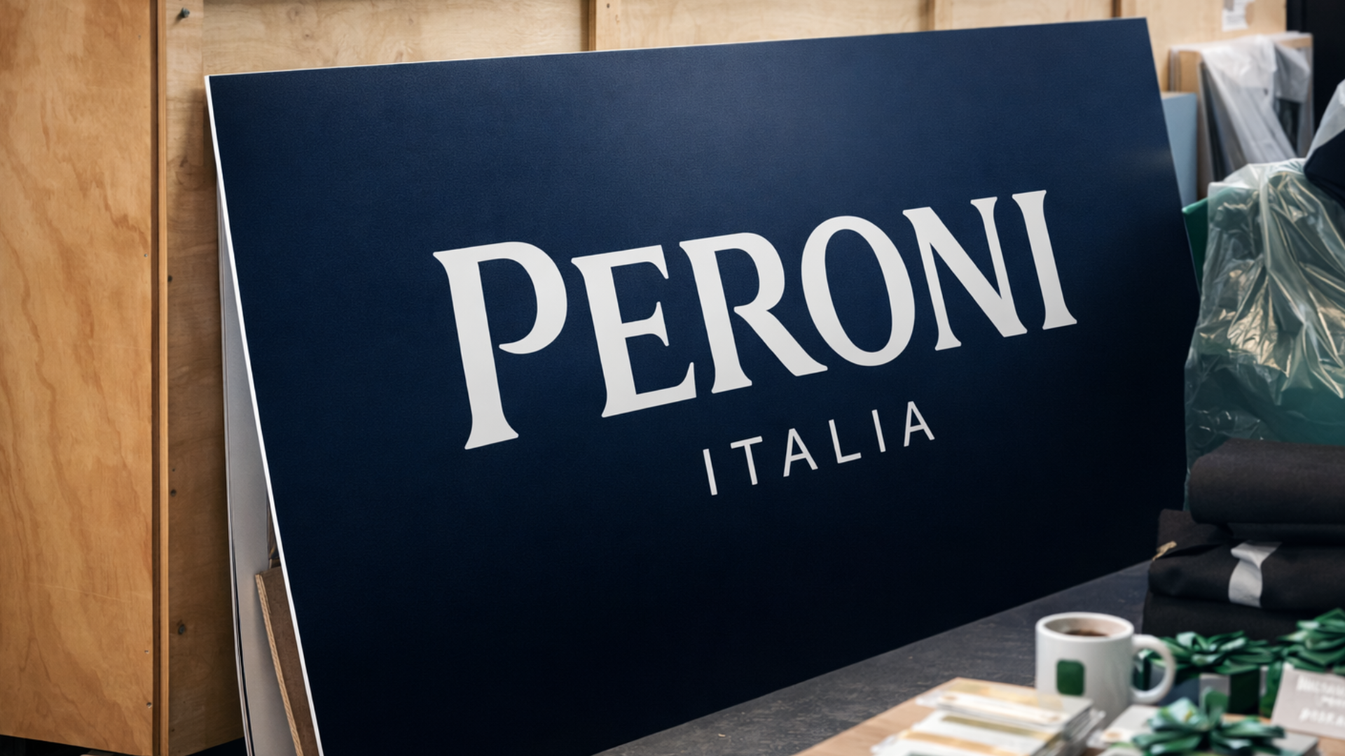Large sign with a navy blue background displaying the word "PERONI" in white, capital letters, and "ITALIA" below it.