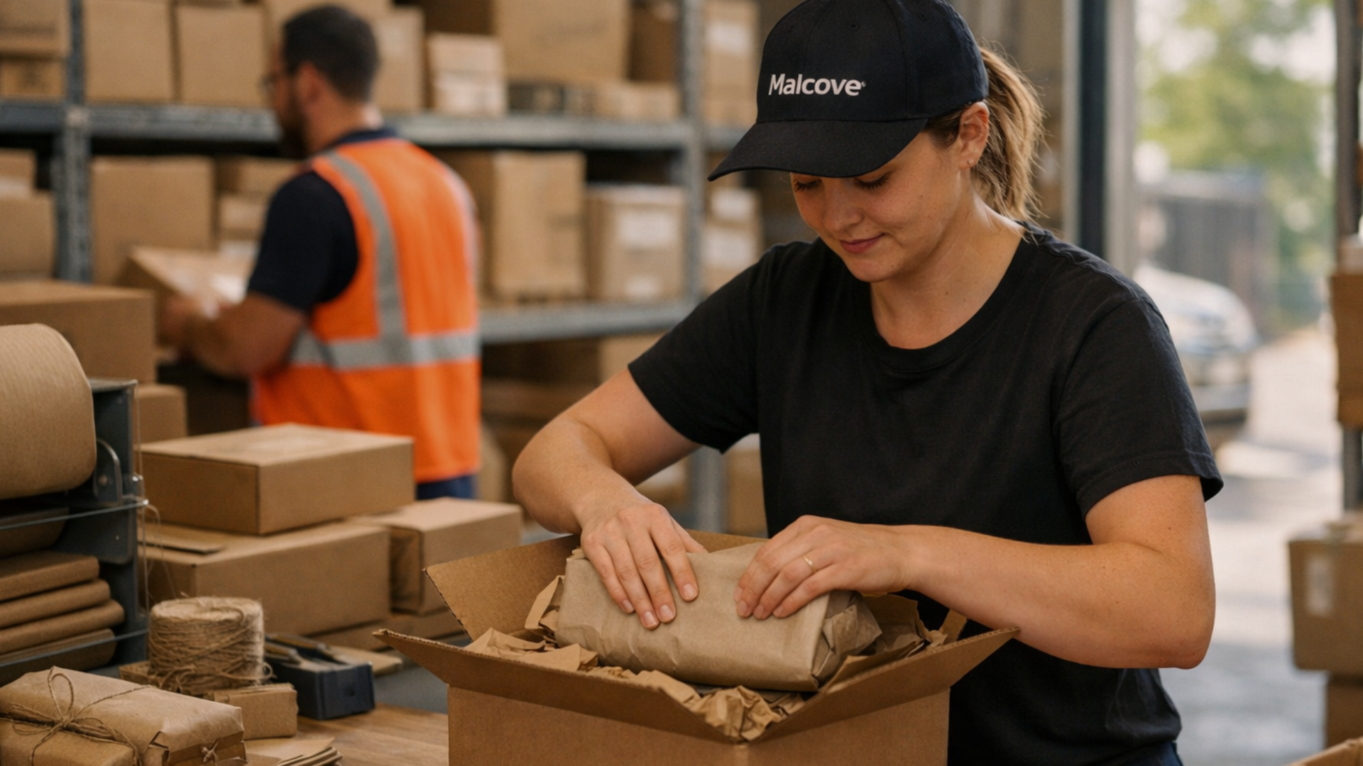 A woman wearing a black shirt and a black cap with the logo 'Malcov'e' packaging an item in brown paper inside a cardboard box in a warehouse. A man wearing a high-visibility orange vest is working in the background among shelves filled with boxes.