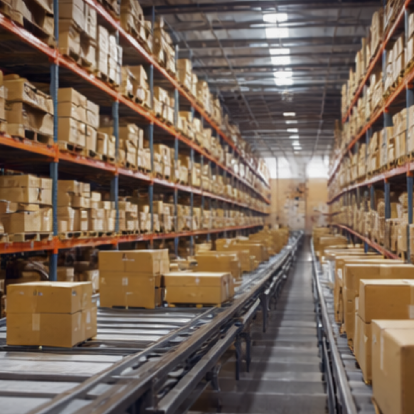 Warehouse with shelves stacked with cardboard boxes, and a conveyor belt track running through the middle.