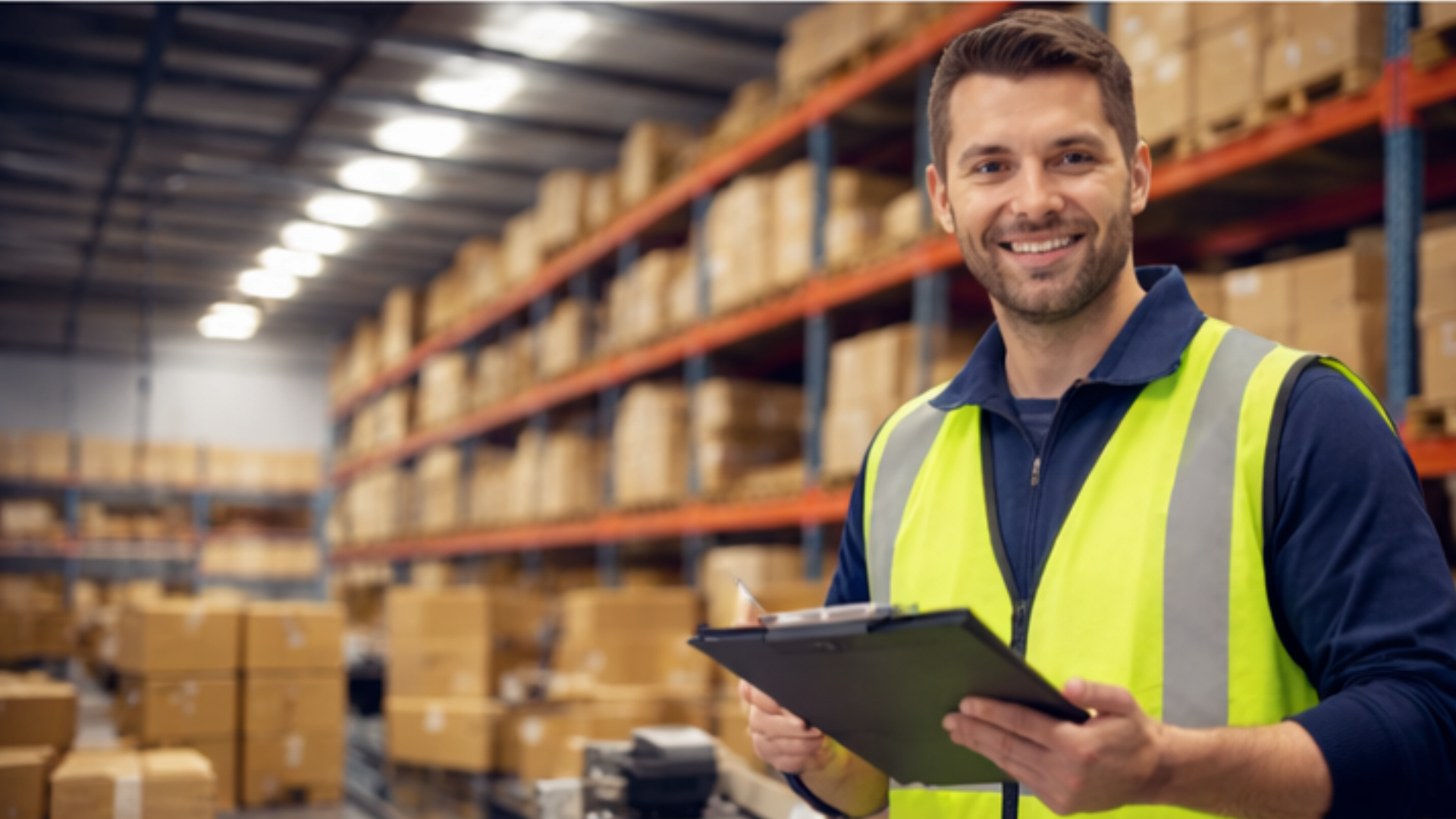 A smiling man in a yellow safety vest holding a clipboard in a warehouse with boxes and metal shelves in the background.