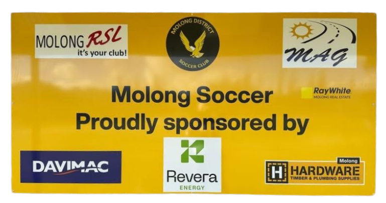 Revera Energy community engagement sponsorship of Molong District Soccer Club sponsor signage
