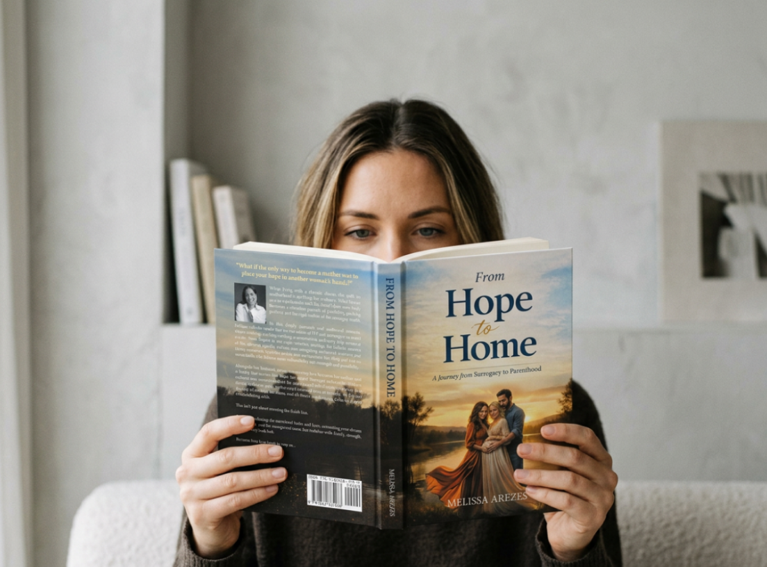 A woman is sitting indoors, reading a book titled 'From Hope to Home' by Melissa Arezes. The cover features a woman and a man standing close together during sunset.