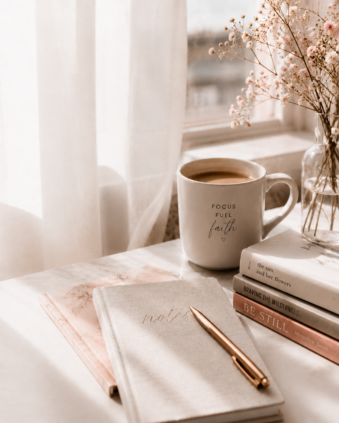A cozy desk setup with a white mug that says "Focus Fuel faith," a stack of books, a notepad with a rose gold pen, and a vase of pink and white flowers near a window with soft natural light.