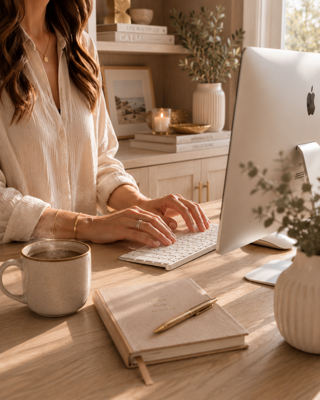 A woman working on a computer at a wooden desk with a coffee mug, a notebook, and a gold pen, in a cozy, well-lit room with plants and decorative items.