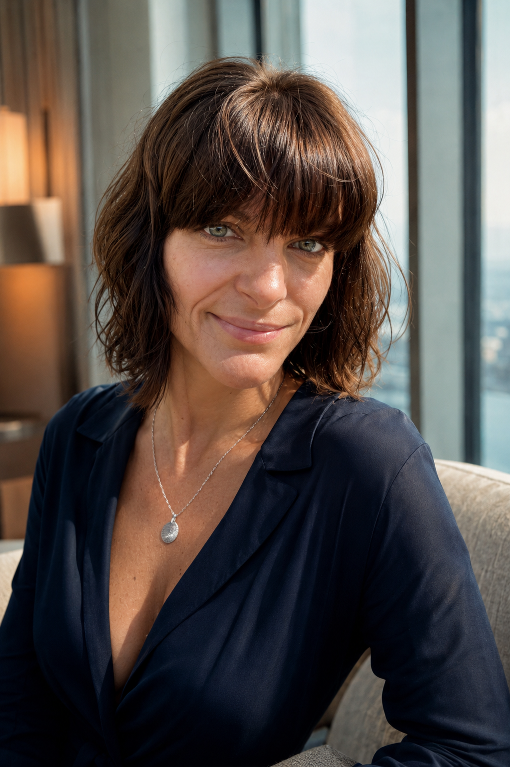 A woman with shoulder-length dark wavy hair and light-colored eyes, smiling, wearing a dark blouse and a silver necklace, sitting near a large window in a modern urban setting.
