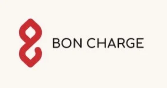 Logo with a red abstract design resembling a stylized number 8 or ribbon, alongside the text 'BON CHARGE' in black.