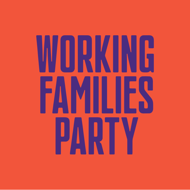 Text graphic with orange background and bold purple text that says 'WORKING FAMILIES PARTY'.