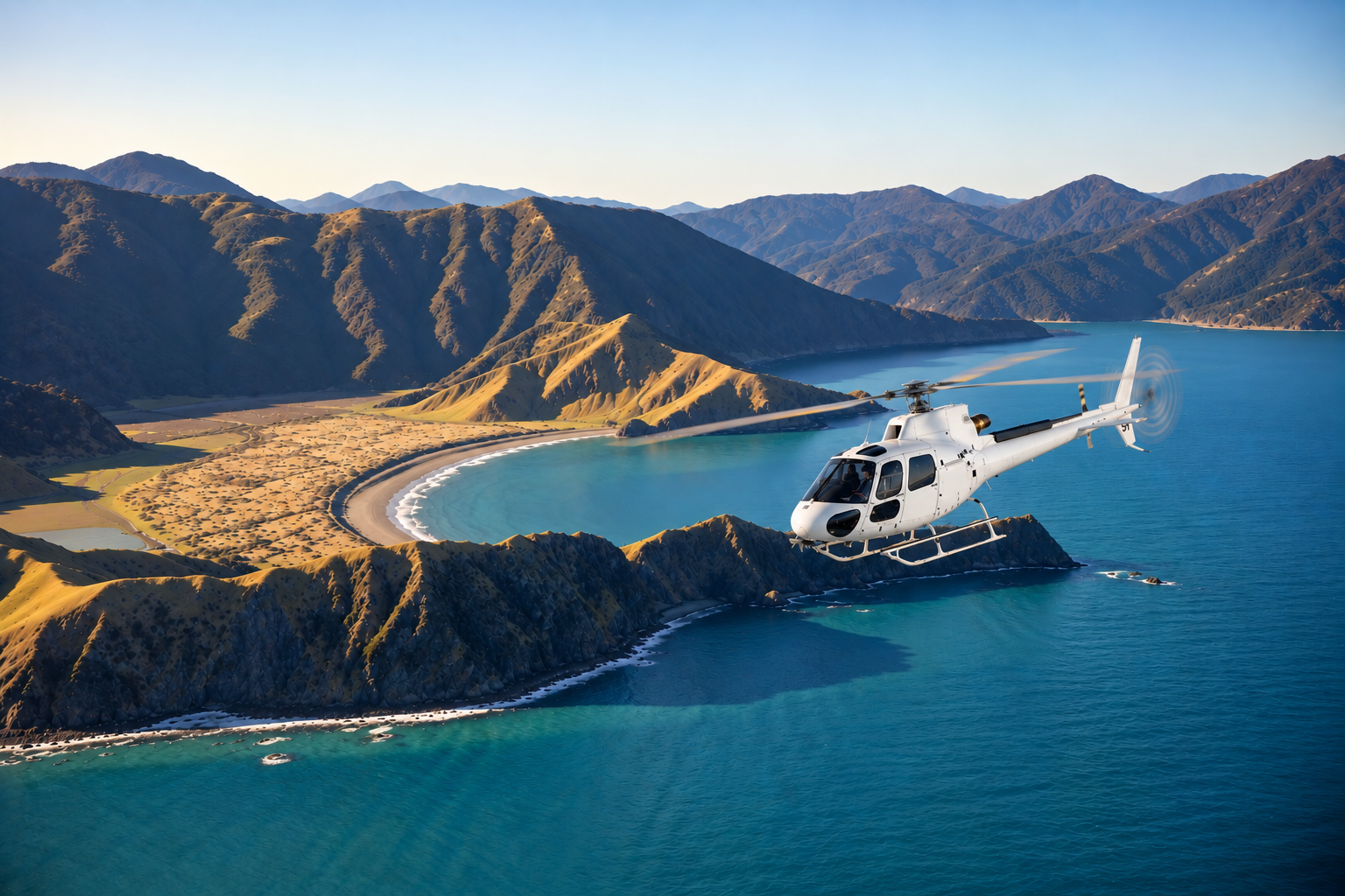 PureHeli helicopter flying over the beautiful Marlborough Sounds, with turquoise coastal waters and forested hills in New Zealand.