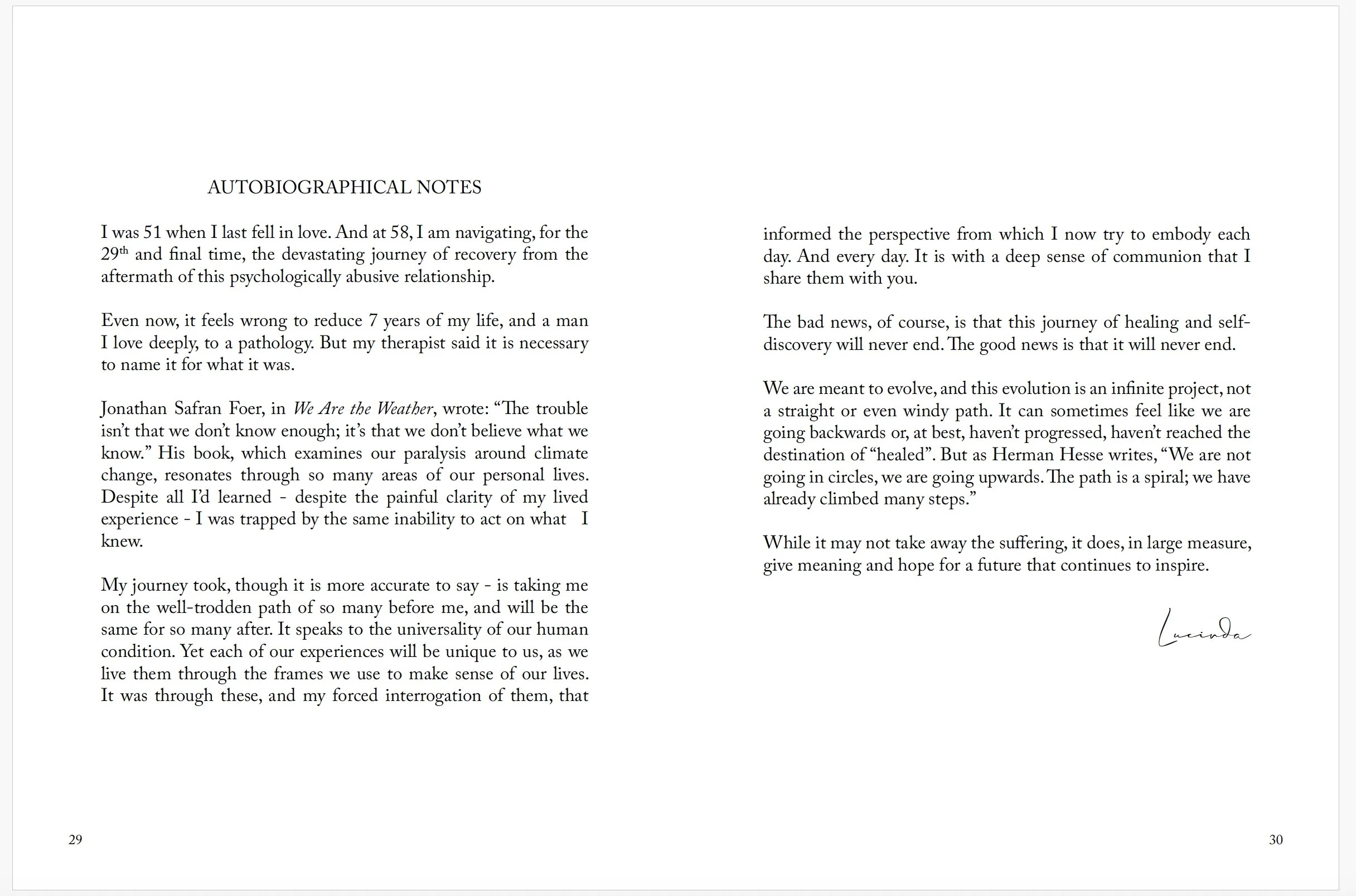 Open book showing autobiographical notes, written by someone named Lucinda, about their personal healing journey and reflections on change and growth.