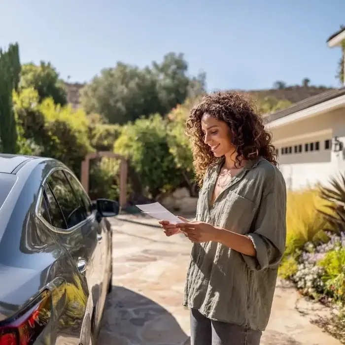 Woman reviewing auto insurance claim paperwork next to her vehicle after an accident settlement