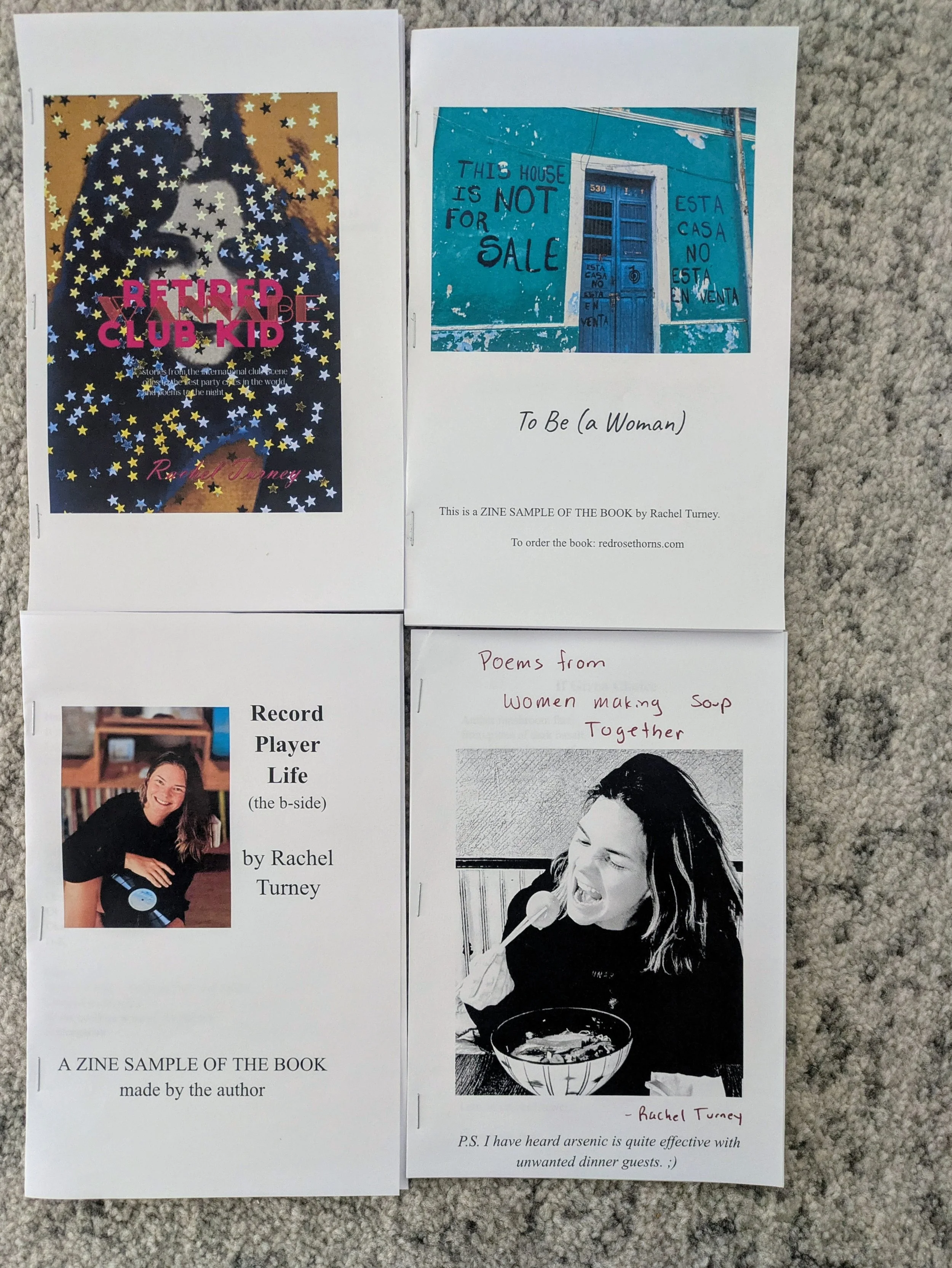 Zine samples of full collections (free in person). 