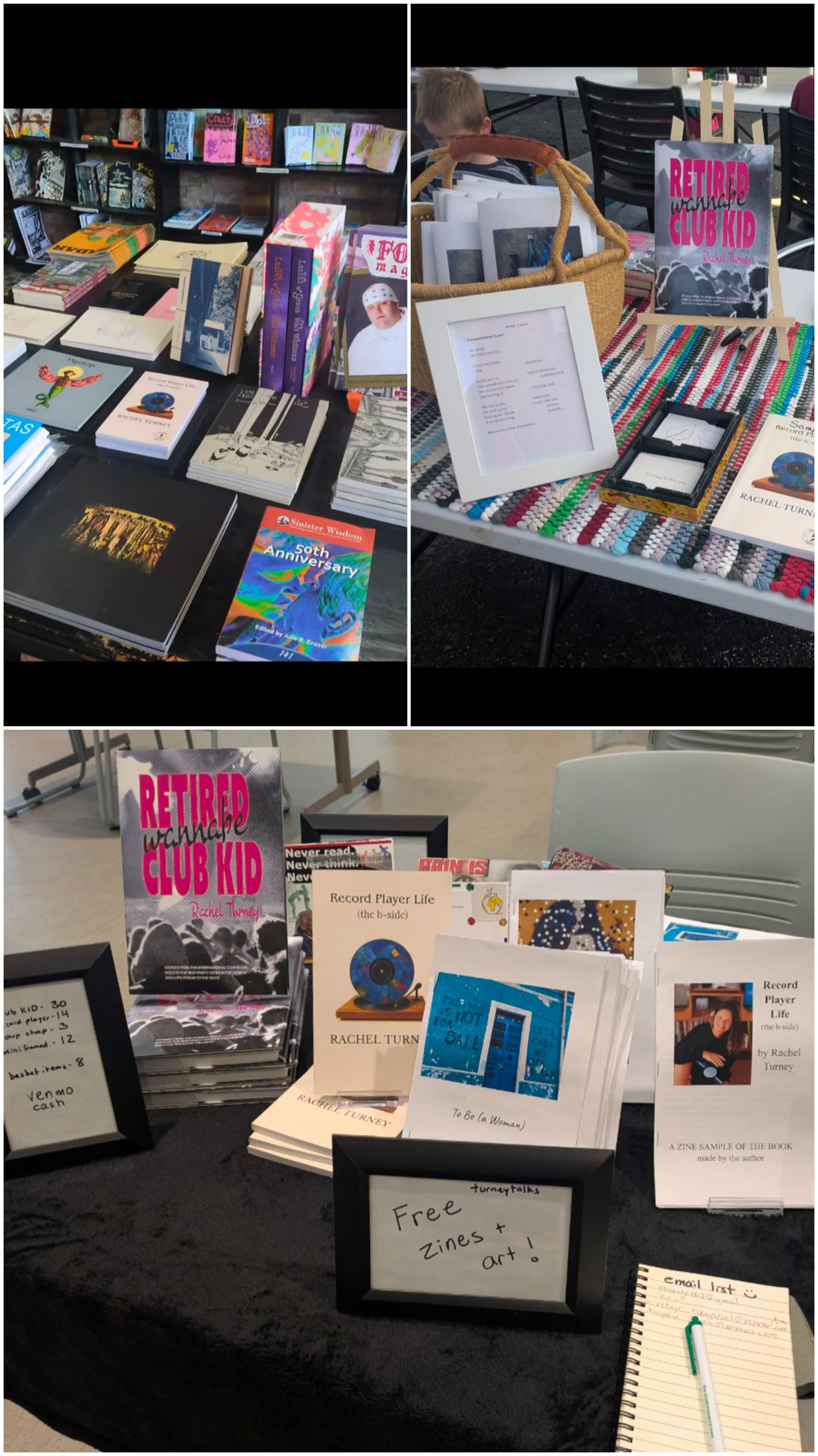 Catch me at book fairs and zine fests! Pics: my book at Quimby's in Chicago, table at Read Queen Local Author Book Fair, & Greeley Zine Fest 2026. 
