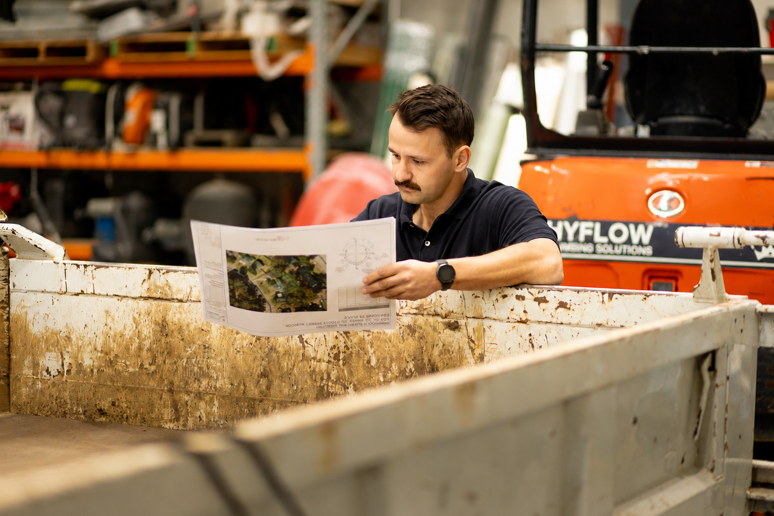 A man with a mustache wearing a black polo shirt and a watch is examining a blueprint in a garage filled with industrial equipment and machinery, including an orange Skyflow machine in the background.