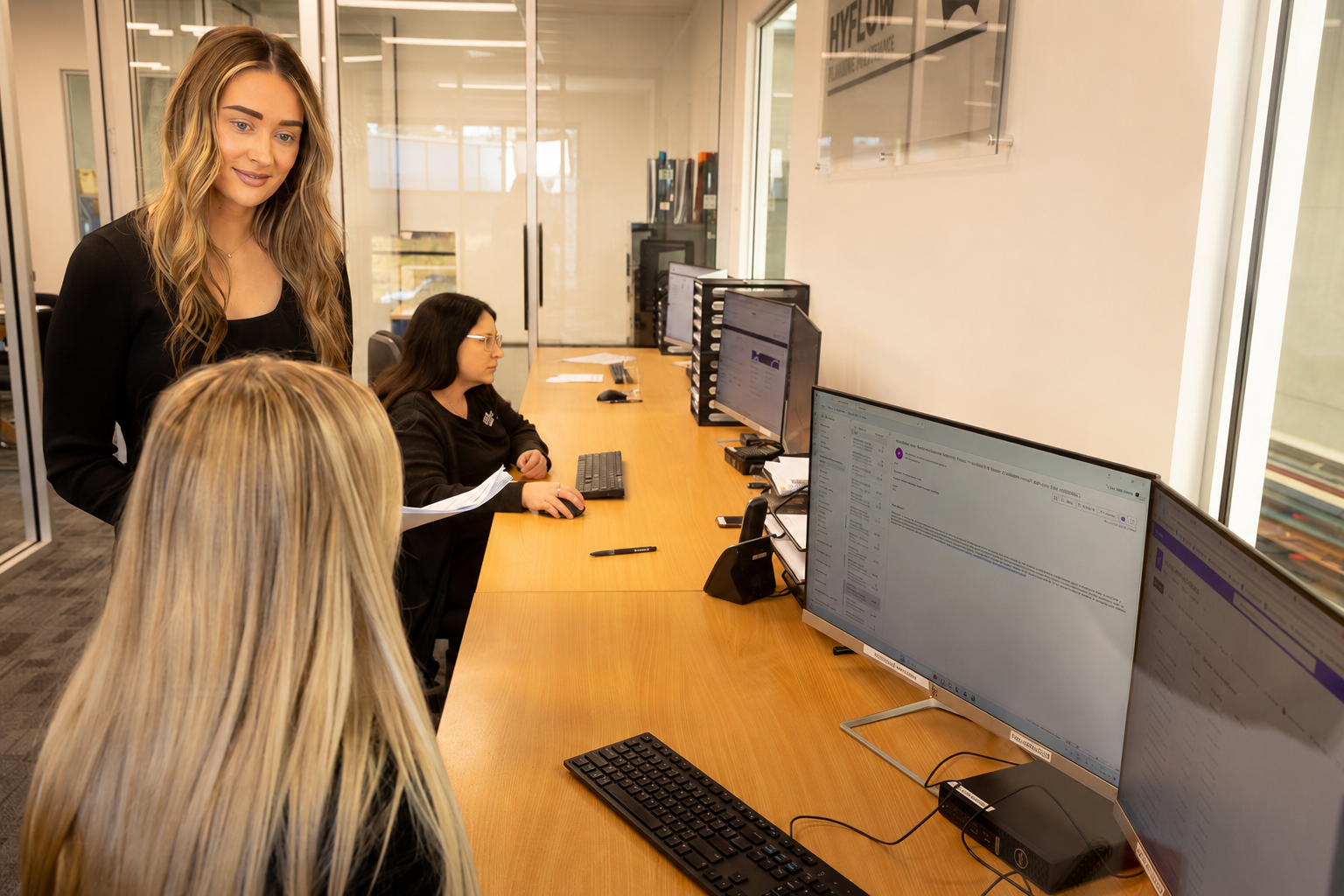 Women working at computers in an office, with one woman standing and three seated, focusing on their screens.