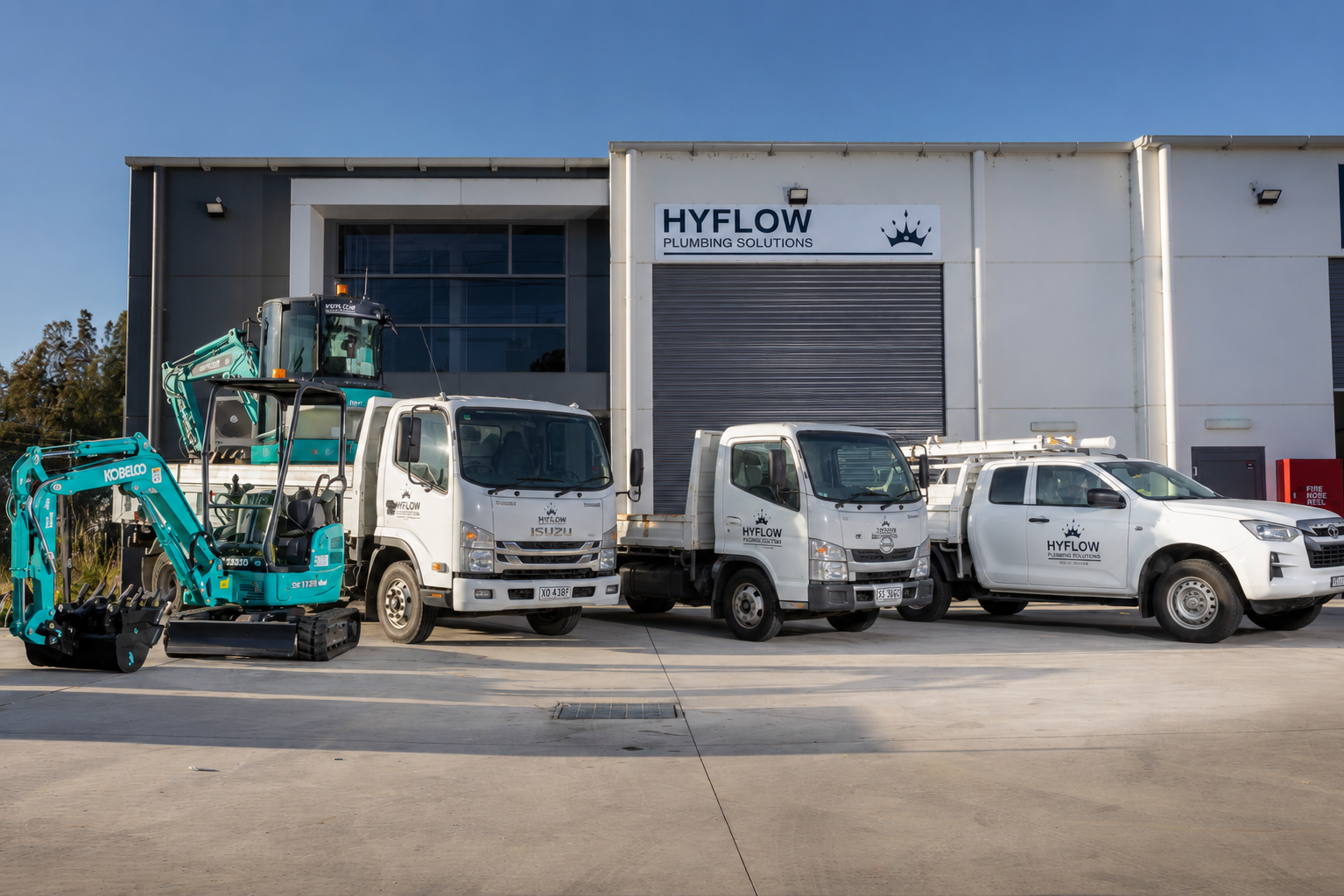 Three white service trucks and a small teal excavator parked in front of a modern industrial building with a sign reading 'HYFLOW Plumbing Solutions' and a closed metal shutter.