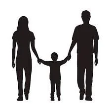 Silhouette of a family: two adults holding hands with a child in the middle.