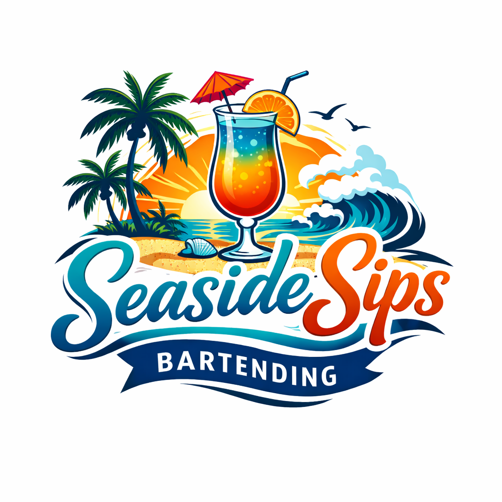 A colorful logo for Seaside Sips Bartending featuring a tropical beach scene with palm trees, a sunset, ocean waves, and a cocktail with an umbrella and orange slice.