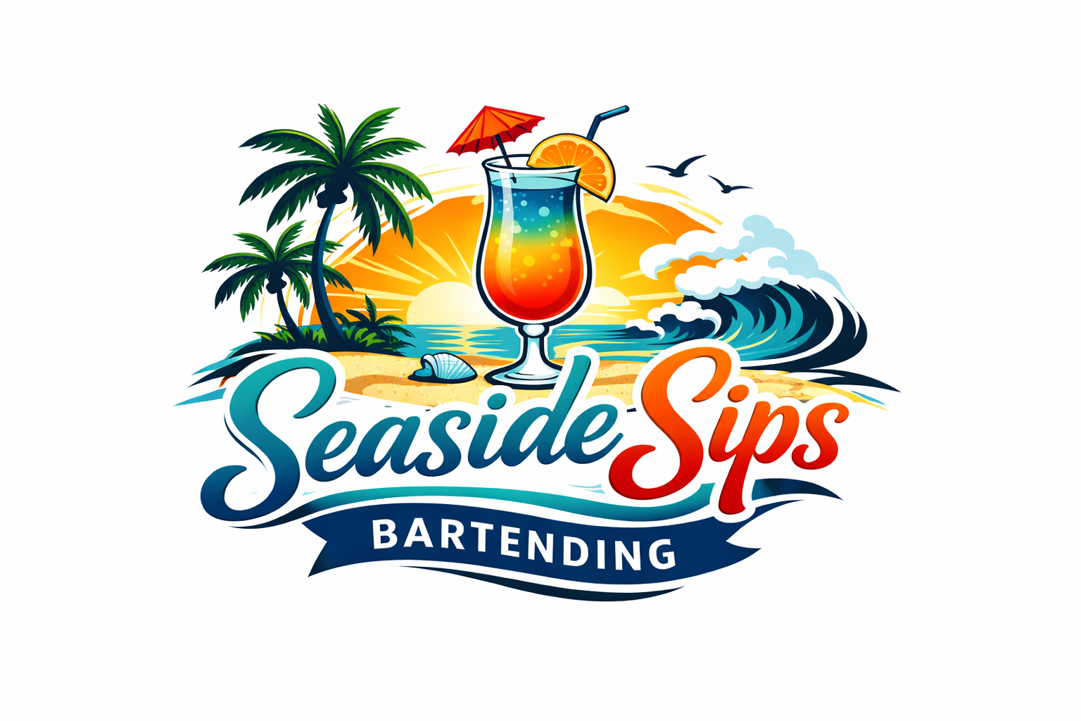A colorful logo for 'Seaside Sips Bartending' featuring a tropical beach scene with palm trees, a sunset, waves, seashells, and a tropical cocktail with an umbrella and orange slice.