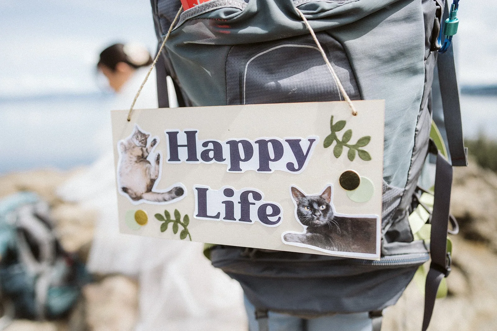 Happy Life backpack sign detail, Lake Tahoe adventure elopement — AJ Photography