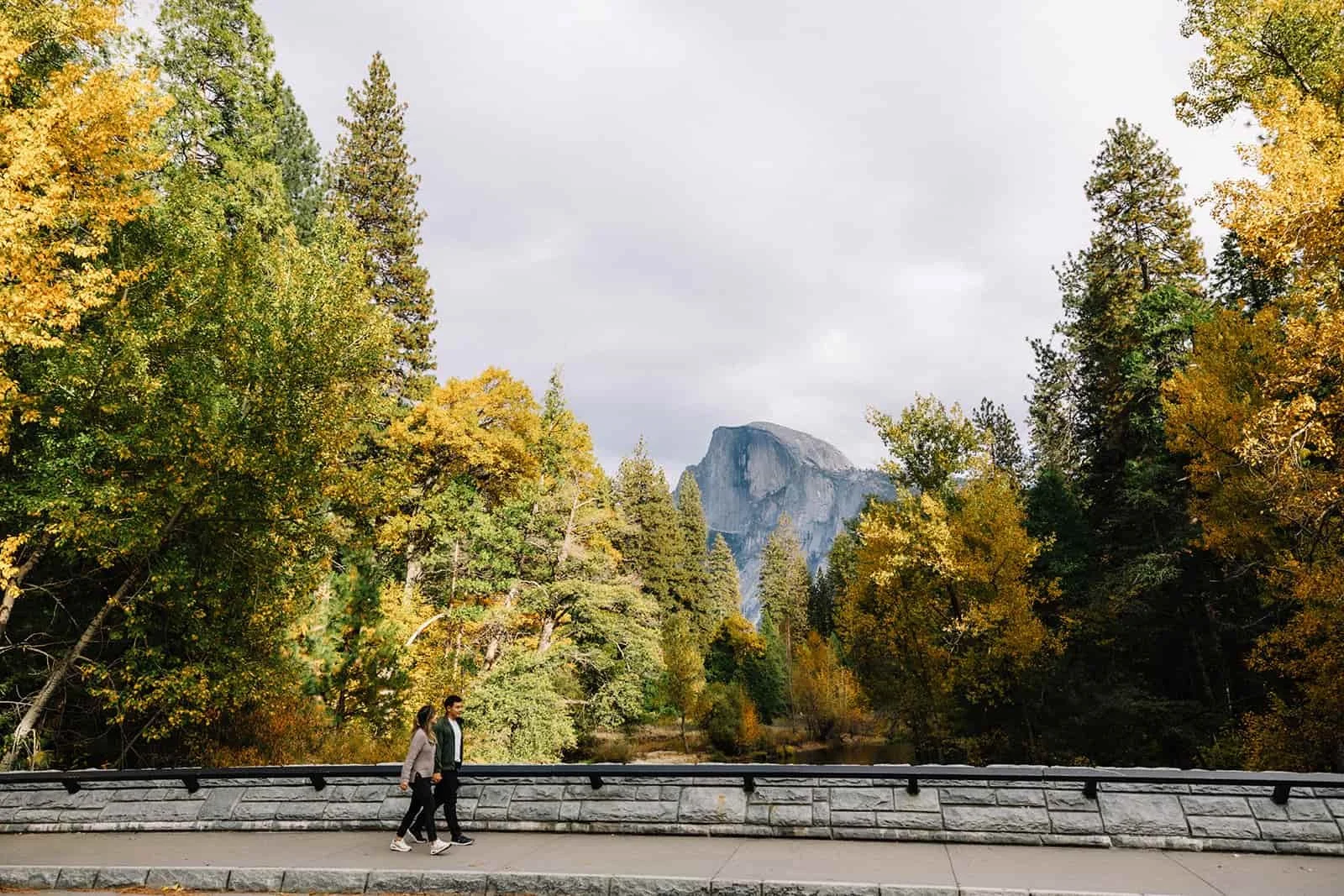 Couple walking along a stone pathway in Cathedral Meadow, Yosemite, surrounded by golden autumn leaves and mountain views