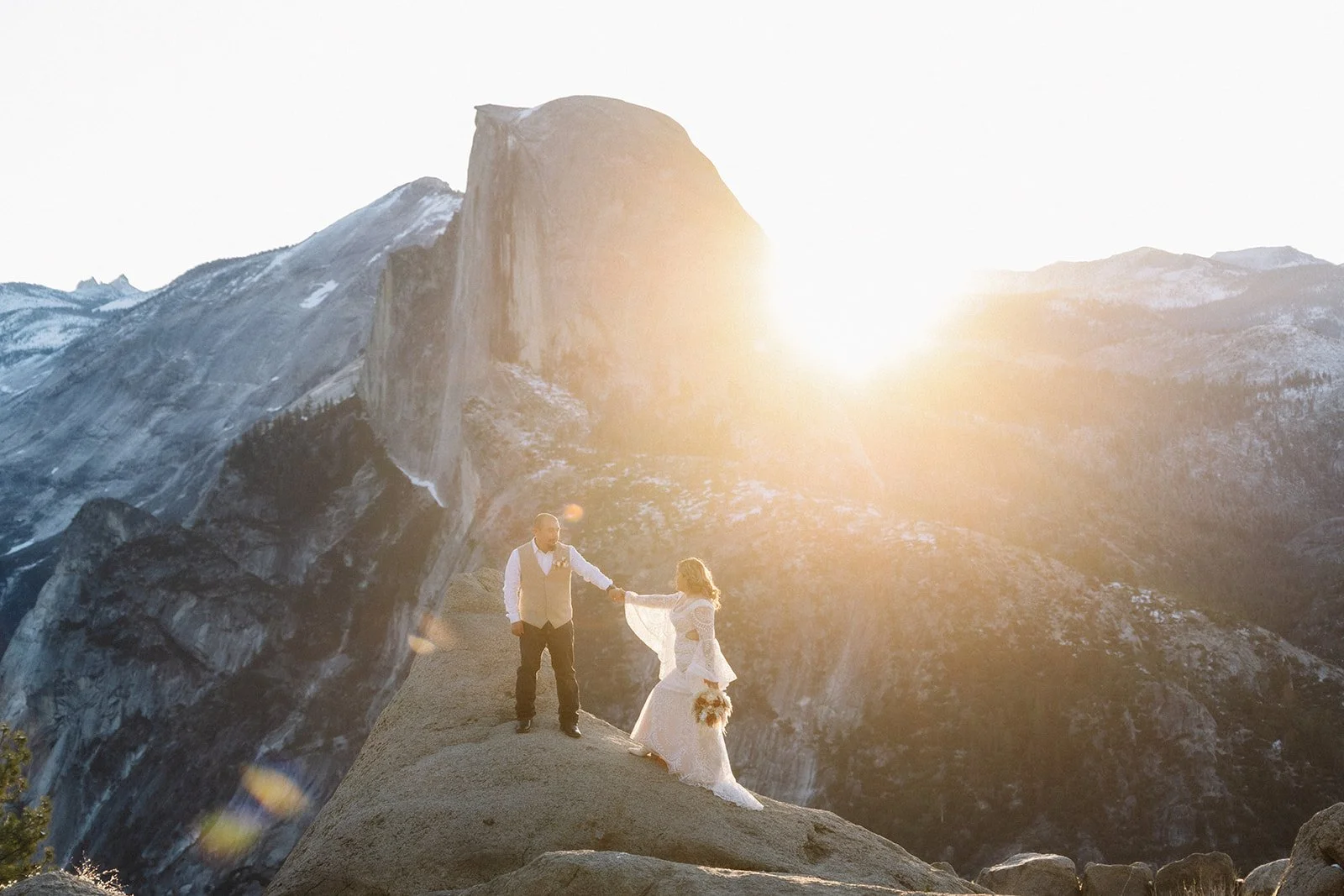 Couple at Glacier Point Yosemite Sunrise - Yosemite elopement photographer AJ Photography