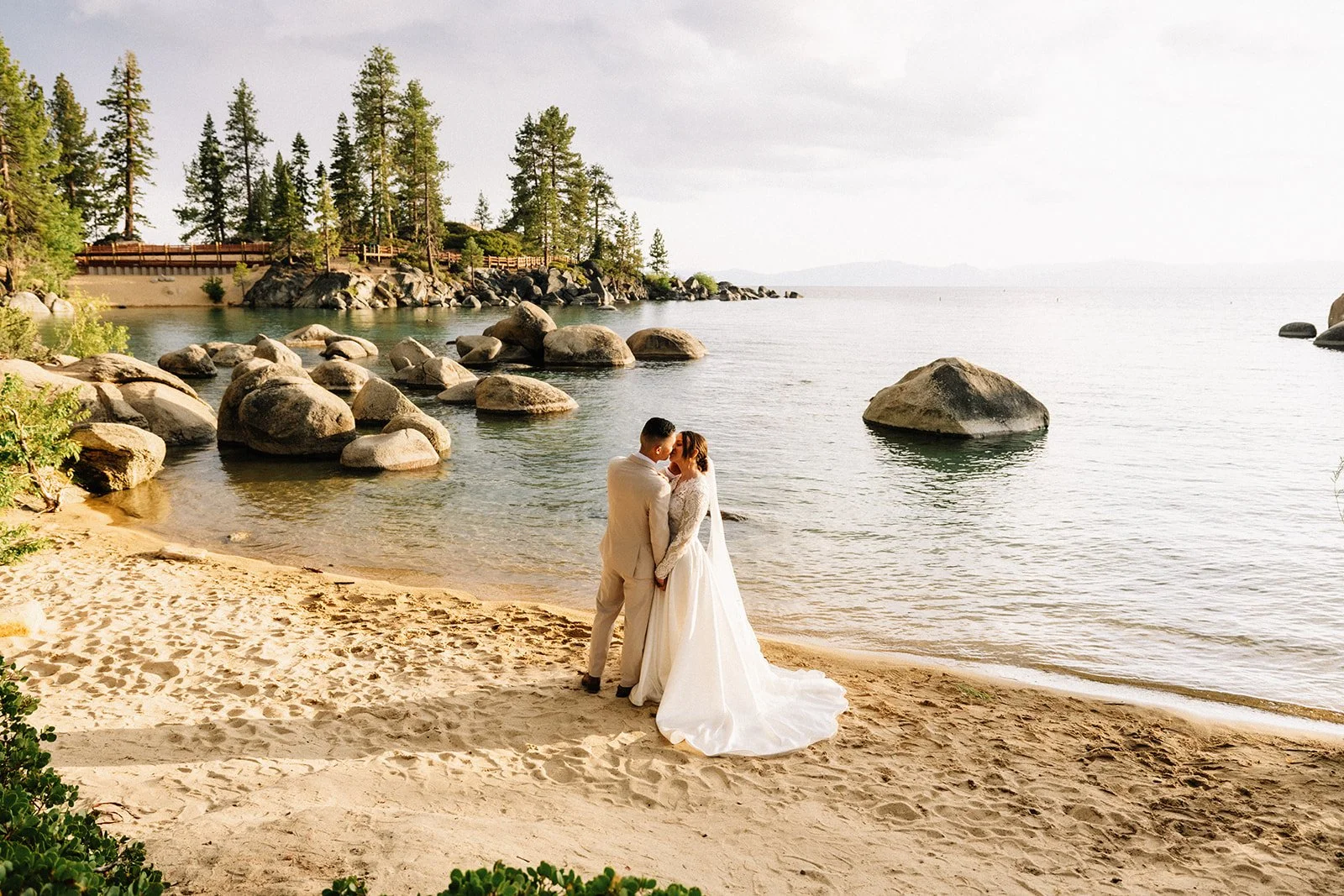 Couple at Sand Harbor sunset - Lake Tahoe elopement AJ Photography