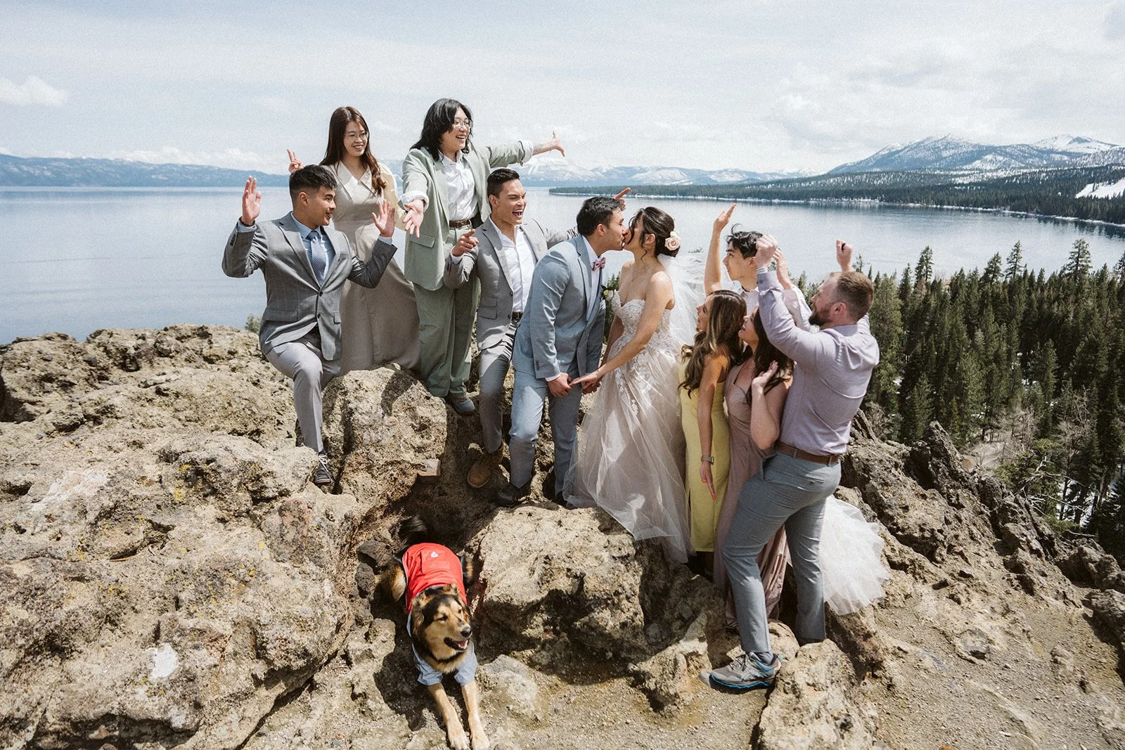 Intimate wedding party celebrating at Eagle Rock overlooking Lake Tahoe — AJ Photography
