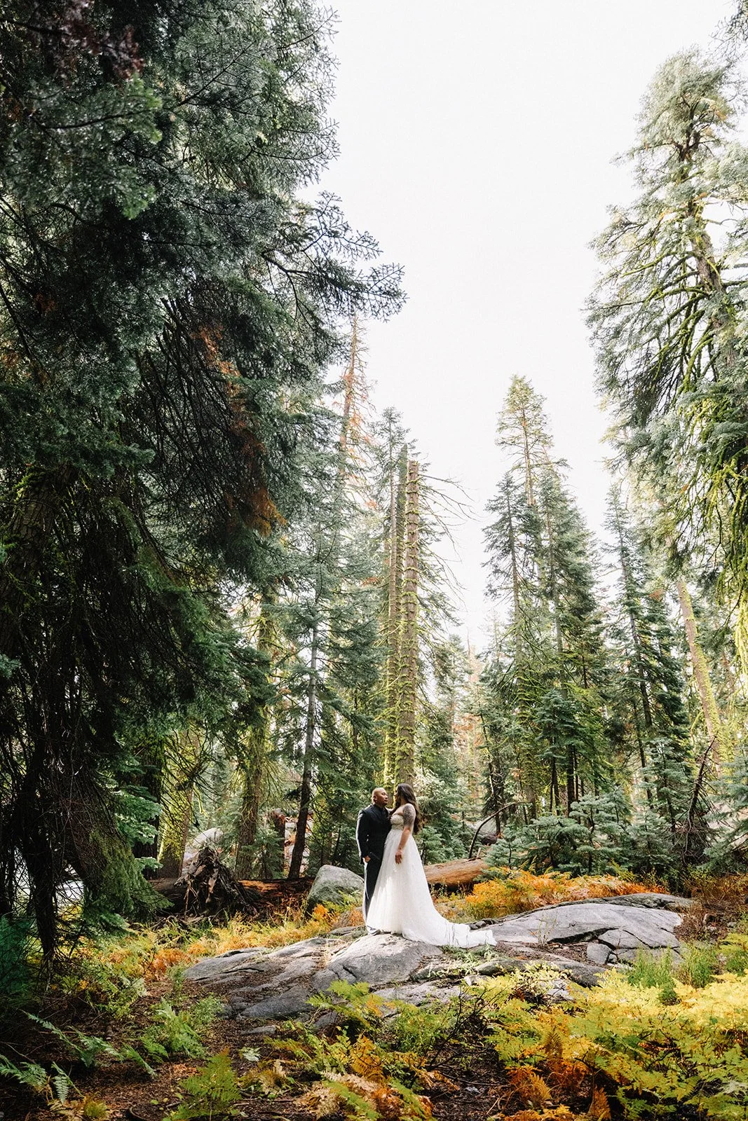 Couple standing on Yosemite Valley rocks during elopement portraits — AJ Photography