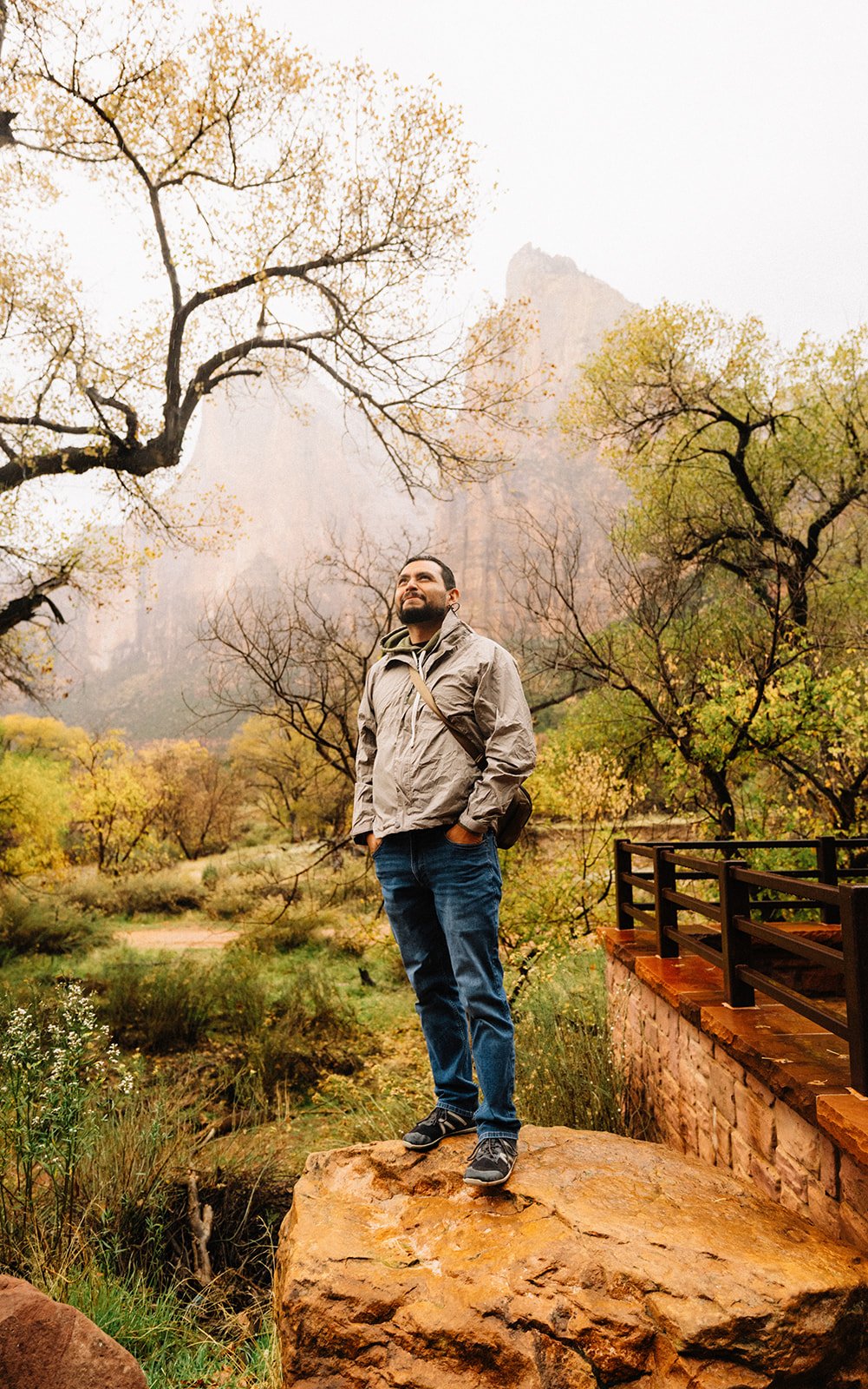 A man standing on a large rock in a park or natural area, surrounded by trees with autumn leaves, looking upwards in a contemplative mood.